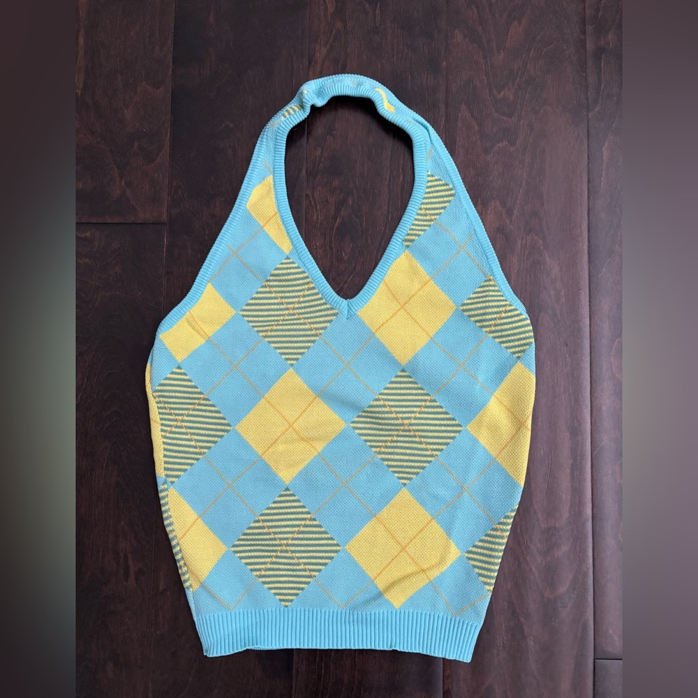 Cider Blue and Yellow Argyle Halter Knit Top